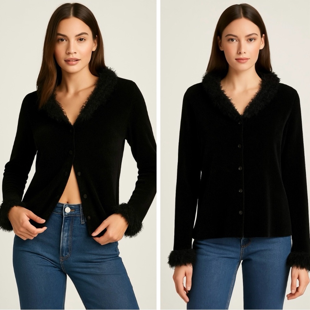 Valerie Stevens Black Chenille Cardigan with Faux Fur Trim XL